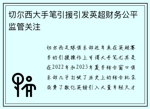 切尔西大手笔引援引发英超财务公平监管关注